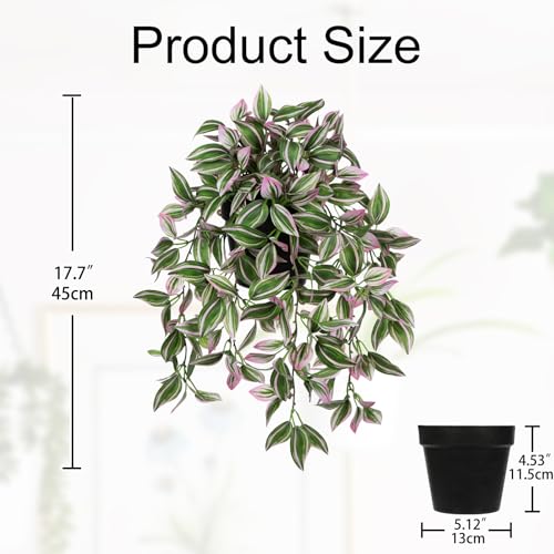 Briful Fake Hanging Plants 17.7" Faux Watermelon Peperomia Silk Plants with Black Pot Artificial Hanging Greenery for Home Garden Balcony Outdoor Patio Decor - color: Pale Pink