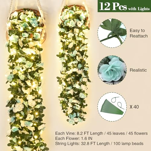 BLEUM CADE 12Pcs 98.4Ft Flower Garland Artificial Rose Vines with 98.4Ft String Lights, Cute Fake Hanging Flower Vines Floral Garland Decorations for Wedding Party Wall Room Decor Aesthetic - color: Blue & White With Lights, size: 12 Pcs