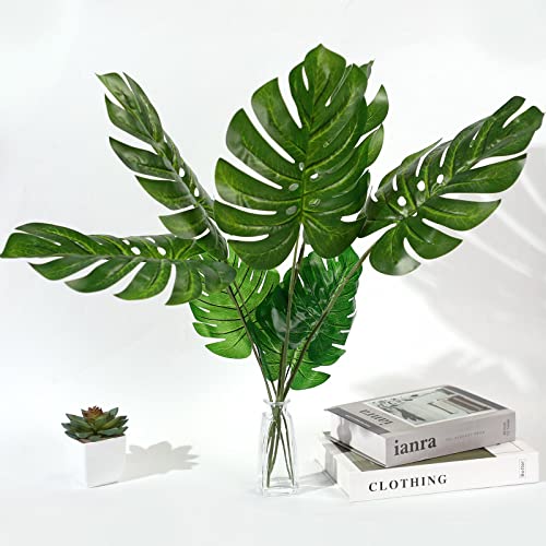 Zeyune 24 Pcs Artificial Palm Leaves Bulk with Faux Stems Large Fake Monstera Leaf for Palm Sunday Wedding Artificial Turtle Leaf Tropical Greenery Plant UV Resistant Hawaiian Jungle Party