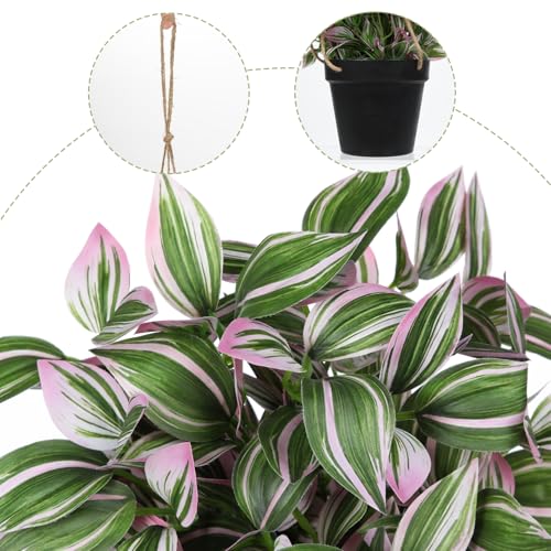 Briful Fake Hanging Plants 17.7" Faux Watermelon Peperomia Silk Plants with Black Pot Artificial Hanging Greenery for Home Garden Balcony Outdoor Patio Decor - color: Pale Pink