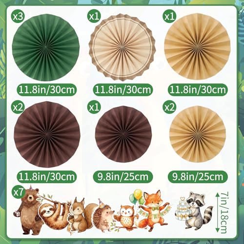 Easy Joy Woodland Baby Shower Decorations Brown Green Hanging Paper Fans Animal Birhday Decorations for Wall Cute Animal Classroom Hanging Folding Fan Forest Themed Jungle Safari Birthday Party Decor - color: Brown and Green