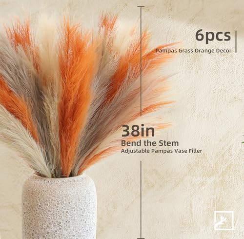 ZIFTY Pampas Grass 6-Pcs 38"/3.1FT Faux Pampas Grass Large Tall Fluffy Artificial Fake Flower Bulrush Reed Grass for Vase Filler Farmhouse Home Wedding Decor (Orange & Beige) - color: Orange & Beige & Taupe, size: 38in 6pcs