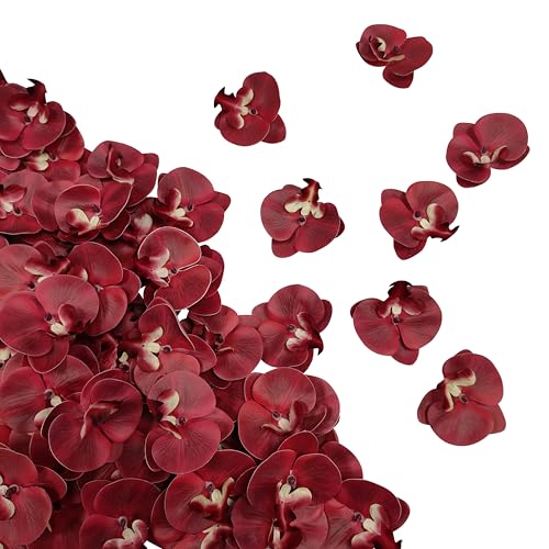 Fake Burgundy Orchids Artificial Flowers Heads, 3.5''Fake Orchid Heads for Wedding Floral Bouquet Decor DIY Craft Making Bridal Shower Photography Props (80, Burgundy) - color: Burgundy