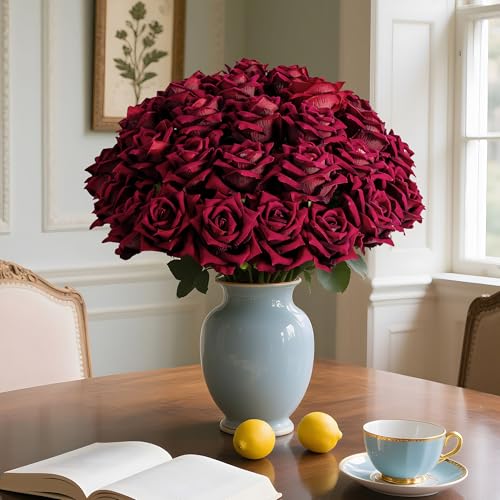 Ttranewsoo Fake Roses Faux Flowers Silk Roses Artificial Roses with Stems Realistic Artificial Flowers Suitable for Indoor Home Decoration Diy Bouquet Wedding Decor Party Decor 36PCS(16.5In,Black red) - color: Black Red 36pcs