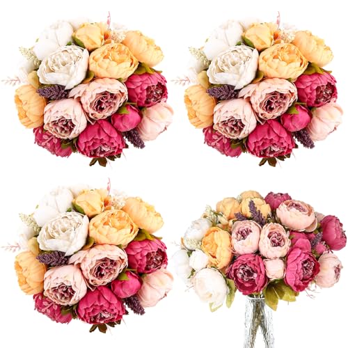 4 Bunches Peonies Artificial Flowers Faux Flowers Bouquet Silk Peony Hydrangea for Vase Wedding Centerpiece Bridal Shower Garden Party Home Decor (Orange Pink) - color: Orange Pink