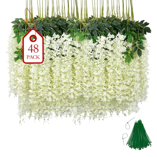 BIRDDIE 48 Pcs of Wisteria Hanging Flowers, 3.75 Ft Fake Flower Strings, Artificial Wisteria Flowers Hanging Garland for Backdrop, Wedding, Ceremony, Garden and Home Wall Decoration(White) - color: White, size: 48 pcs