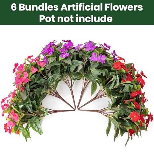 Nigirior Artificial Fake Flowers for Outdoor Décor 6 Bundles UV Resistant Fake Plants for Planter Faux Impatiens for Home Porch/Garden Stunning（Red/Rose Red/Purple） - color: Red/Rose Red/Purple