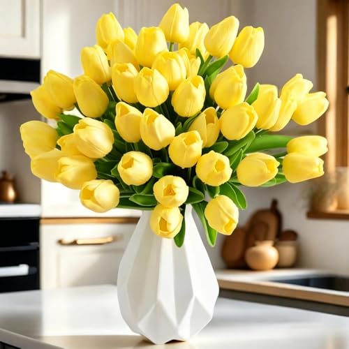 PU Real Touch Tulips Artificial Flowers 30Pcs Fake Flowers Arrangement Bouquet for Home Office Wedding Decoration (Yellow) - color: Yellow 30pcs