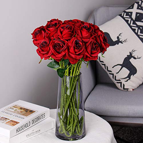Luyue 10PCS Artificial Roses Flower with Stems Slik Fake Flowers Bouquet Realistic Long Stem Faux Rose for Valentines Day Wedding Home Decor - color: Gradient Burgundy
