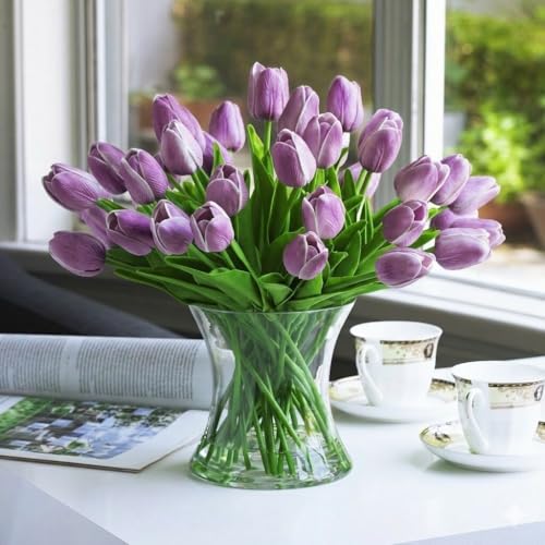 Real Touch Artificial Tulips with Glass Vase and Acrylic Water, 40 Pcs Fake Tulip Flowers Bouquet for Home Office Decor, Silk Flowers Arrangements for Dining Table Wedding Centerpiece (Purple) - color: Purple