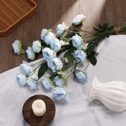 6 Pcs 32" Large Light Blue Artificial Peonies Stems Flowers, Real Look Faux Silk Peony Bouquet 42 Heads Total for Vase Filler, Farmhouse Rustic Neutral Home Decor, Wedding Centerpieces - color: Light Blue