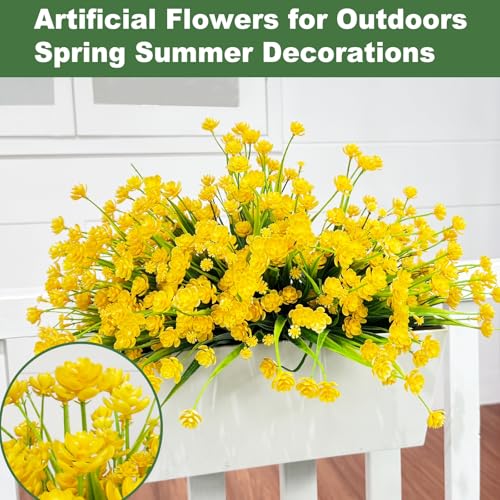 TURNMEON 12 Bundles Artificial Flowers for Outdoors Summer Decor, Realistic UV Resistant Fake Plants Faux Plastic Flowers for Outside Planter Home Gardens Porch Yards Spring Cemetery Decor(Yellow) - color: Yellow, size: 12 Bundles