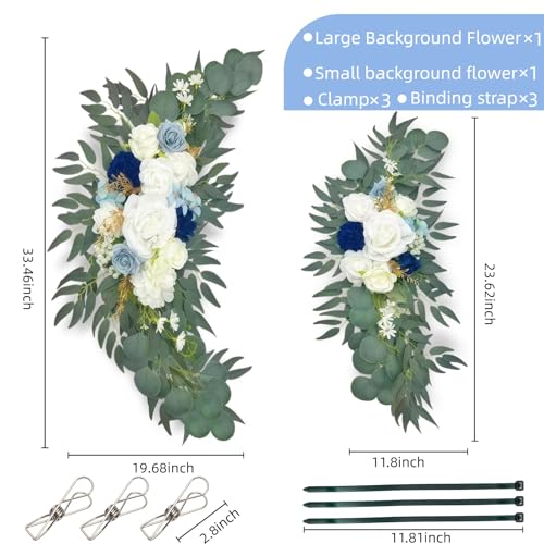 Wedding Arch Flowers 2 Pack, Artificial White Roses and Greenery Swag for Welcome Sign Decorations, Ceremony Backdrop - color: Blue