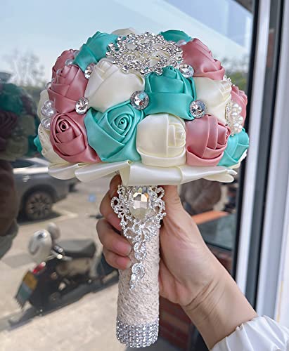 7.9 Inch Handmade Satin Rose Bridal Bouquet Toss Round Wedding Bouquet Throw Toss Artificial Flower Bunch Shimmering Blush Pink + Pale Blue + Ivory - color: W3217d09 Shimmering Blush/Pale Blue/Ivory