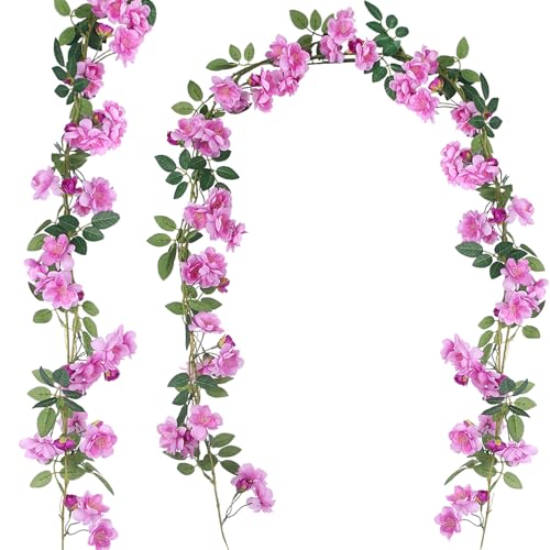 2 Pcs Artificial Flowers Garland for Outdoors Pink Faux Gardenia Garland 12Ft Silk Rose Hanging Vines Floral for Wedding Arch Party Wall Garden Ceremony Backdrop Fence Spring Decor - color: Pink