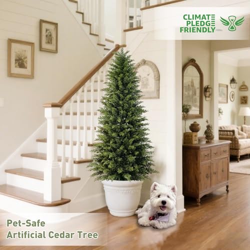 Mavis's Diary 5ft Artificial Cedar Topiary Tree, Set of 1 Realistic Faux Evergreen Shrub Plant in Planter, Indoor Outdoor Fake Cedar Tree for Front Porch, Entryway, Office & Home Decor - color: 1pack, size: 5FT