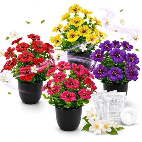 Der Rose 4 Pack Small Fake Plants with Fragrance Discs Spring Faux Flowers in Black Pots Artificial Plants Indoor for Bathroom Room Office Desk Decor - color: Black