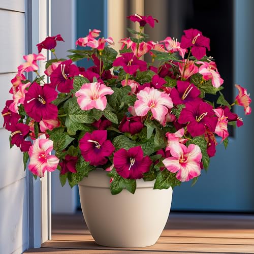 19 Inch Artificial Fake Flowers for Outdoor,4 Pcs Rose red Pink Faux Silk Petunias Spring Flowers for Outside for Indoor Porch Planter Front Door Garden Patio Window Box Home Decor - color: Rose Red Pink