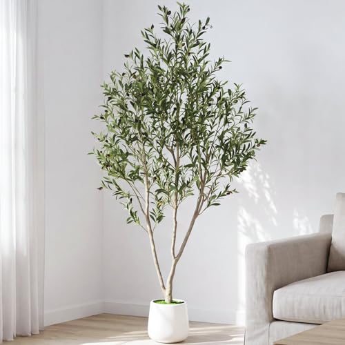 7FT Artificial Olive Tree Indoor with White Pot Tall Planter, Faux Olive Tree with Natural Wood Trunk and Lifelike Fruits for Home Office Living Room Decor - size: 7ft