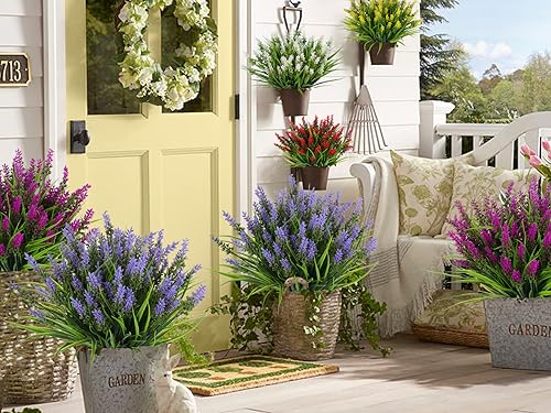 RECUTMS 12Pcs Artificial Plants Outdoor Fake Monkey Grass with Flowers for Pot Garden Verandah Decor for Window Garden Office Patio Hanging Planter Pathway Front Porch (Fuchsia) - color: Fuchsia
