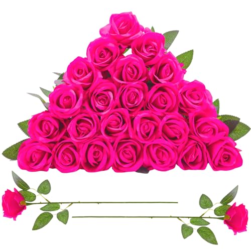 24 Pcs Hot Pink Rose Artificial Flowers with Long Stem Real Touch Silk Roses Bulk for Wedding, Party, Table Centerpieces Bright Pink Bouquet, Bridal, Home Decor - color: Hot Pink