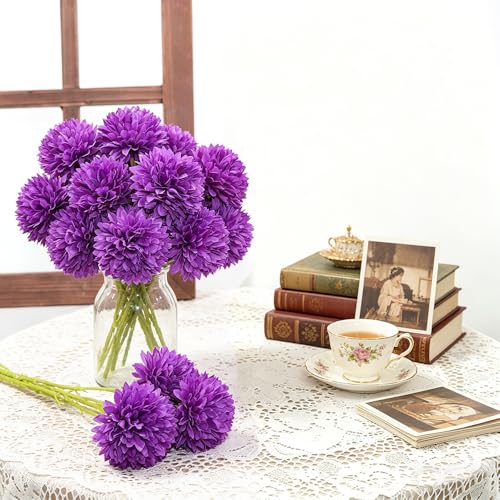 Tinsow 12 Pcs Artificial Flowers Purple Faux Ball Chrysanthemum Bouquet Flowers Wedding Bouquet for Home Garden Party Wedding Decoration - color: Purple