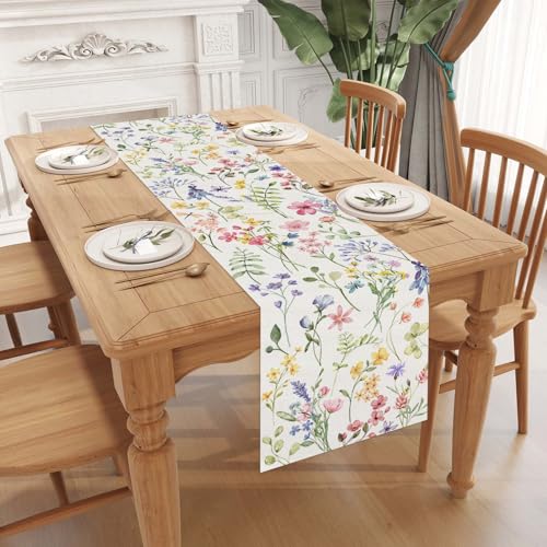 Watercolor Flowers Spring Table Runner Farmhouse Spring Summer Easter Flower Floral Home Kitchen Dining Room Table Decorations 13x120 Inch - size: Table Runner,13" x 120"