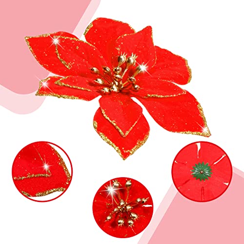 Geosar 100 Pcs 3 Size Christmas Poinsettia Flowers with Clips Glitter Artificial Flowers Small Christmas Tree Ornaments Faux for Xmas Party DIY Craft Wreath Garland New Year, 3/4/6 Inches(Red) - color: Red