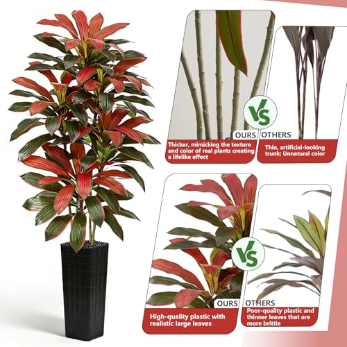 Artificial Red Dracaena Tree - 7FT Tall Fake Plants with Black Square Planter - Artificial Plants Indoor Floor Plant in Pot - Large Tropical Fake Yucca Potted Tree for Home Office Living Room Decor - color: Black-red Leaf, size: 7 FT