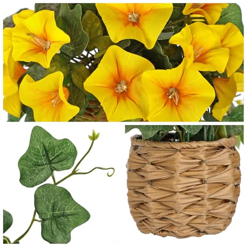 Briful 2 Pack Fake Morning Glory with Handwoven Basket - 8.2" Yellow Faux Potted Flowers Silk Floral Table Centerpiece for Home Office Room Shelf Desk Decor - color: Yellow
