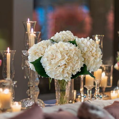 YalzoneMet 4Pcs Champagne Silk Hydrangea Artificial Flower Lifelike Big Blooms 20'' Long Stem Faux Hydrangea Flower Bouquets for Home Party Indoor Outdoor Wedding Table Centerpiece Decor - color: Champagne
