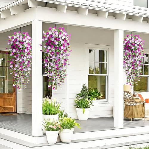Waipfaru 4 Pcs Artificial Hanging Flowers for Outdoors, Fake Hanging Plants for Outdoor, UV Resistant Silk Faux Violet Flowers Spring Summer Decor for Planter Porch Patio Indoor Decoration, Fuchsia - color: Fuchsia
