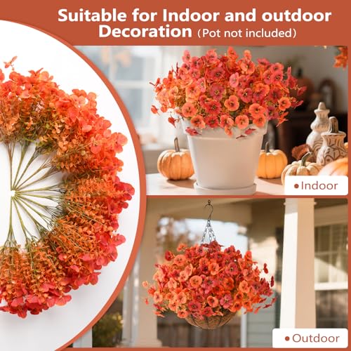 INQCMY Artificial Fall Flowers for Outdoor, 12 Bundles Faux Pansy Fake Mums Flowers Plants Outdoor Fall Decor, UV Resistant No Fade Silk Flower for Porch Planter Patio Yard Garden(Orange Autumn Red) - color: Orange Autumn Red