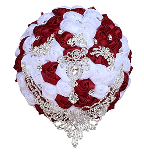 Sharebeauty 7.1 Inch Handmade Satin Rose Bridal Bouquet Toss Round Wedding Bouquet Throw Toss Artificial Flower Bunch Dark Red + White - color: W28735 Dark Red/White, size: 7.1"/18cm