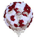 Sharebeauty 7.1 Inch Handmade Satin Rose Bridal Bouquet Toss Round Wedding Bouquet Throw Toss Artificial Flower Bunch Dark Red + White - color: W28735 Dark Red/White, size: 7.1"/18cm