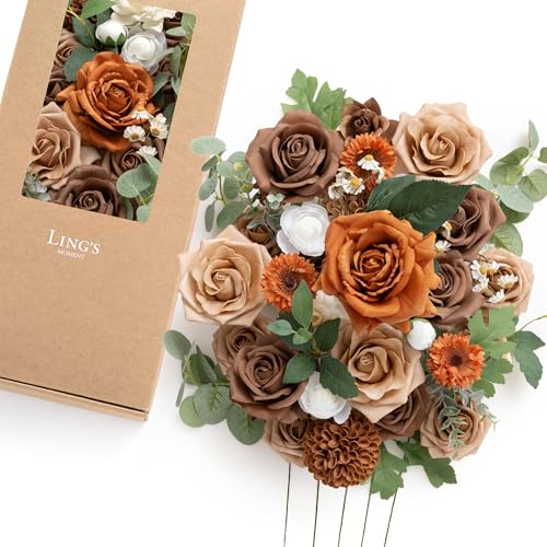 Ling's moment Artificial Wedding Flowers Combo, Fake Greenery for DIY Bouquets Centerpieces Decorations Foam Rose Ranunculus with Stems for Party Home Decor, Earth Brown & Burnt Orange, Deluxe Combo - color: Earth Brown & Burnt Orange, size: Deluxe