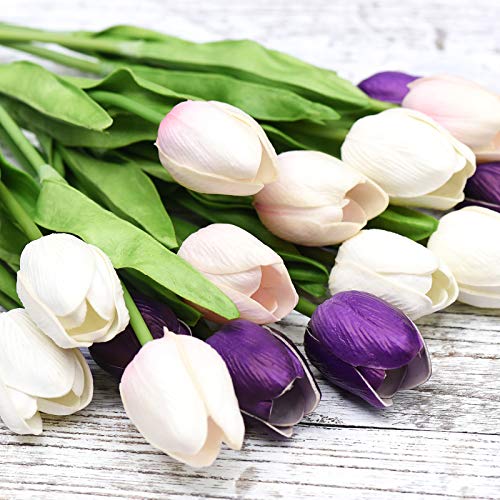 FiveSeasonStuff Real Touch Tulips Artificial Flowers – 15 Stems Faux Tulip Bouquet in Gift Box for Wedding, Home Decor, Party, Floral Arrangements (Beyond Purple) - color: #19 Beyond Purple