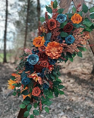 FACINOC Roses Artificial Flowers Bouquet Box Set Fake Flower for DIY Bridal Wedding Shower Decorations Centerpieces for Table Faux Silk Floral Arrangement for Party Home Decor Indoor Teal Orange - color: S (Orange, Teal)