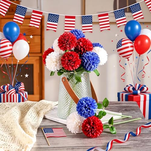 Floweroyal 12pcs 4th of July Flowers 250th Anniversary Artificial Chrysanthemum Ball Silk Hydrangea Flowers for Independence Day, Memorial Day, Floral Arrangement Decor (Red, Blue, White) - color: Red Blue White-12pcs