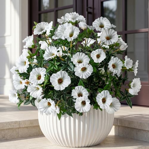 White Artificial Morning Glory Flowers for Outdoor Planters, UV Resistant Silk Faux Flowers for Hanging Basket, Porch & Window Box, Lifelike Farmhouse Garden Decor, No Pot, 13.3 Inch, 4 Bundles - color: White 4pcs
