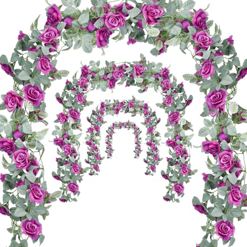 Flower Garland Rose Vine 4Pcs 28FT Artificial Floral Garland with Green Leaves Hanging Rose Vine for Wedding Party Garden Home Wall Decor (Purple) - color: Purple