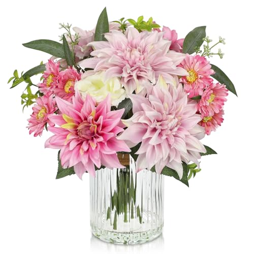 Briful Artificial Flower Arrangement with Glass Vase, 12.5" Faux Dahlia Silk Flowers Centerpiece Table Decorations Pink Mixed Floral Bouquet for Home Office Dining Room Coffee Table Wedding Decor - color: Pink Purple