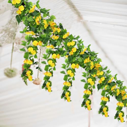 CISDUEO 2 Pcs Artificial Vines Silk Morning Glory Vines for Outdoor 15Feet Hanging Plants Garland Yellow Fake Green Plant Morning Glories for Home Decor Wall Fence Stairway Wedding Hanging Baskets - color: Yellow