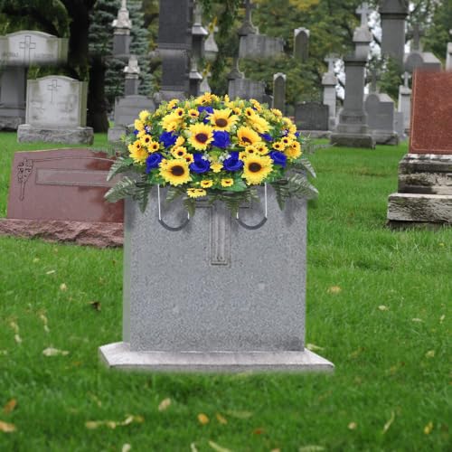 Lodou Artificial Cemetery Flowers for Grave,Headstone Flower Saddle Silk Sunflowers Grave Flowers for Cemetery Memorial for Outdoor Gravesite Decoration (Blue) - color: Blue