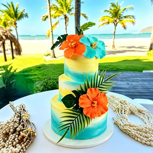 10PCS Artificial Hibiscus Flower Cake Toppers Hawaii Orange Blue Hibiscus Cake Decors for Hawaii Theme Birthday Bridal Engagement Wedding Floral Cake Picks Summer Holiday Party Decoration - color: Orange Blue