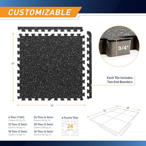 Marcy EVA Foam Interlocking Flooring Mat High Density Non-Slip Tiles for Fitness Equipment, Workout Cushion and Floor Protection - color: Multi - 0.75 Inch - Rubber Top 6 Tiles (24 Sq Ft)