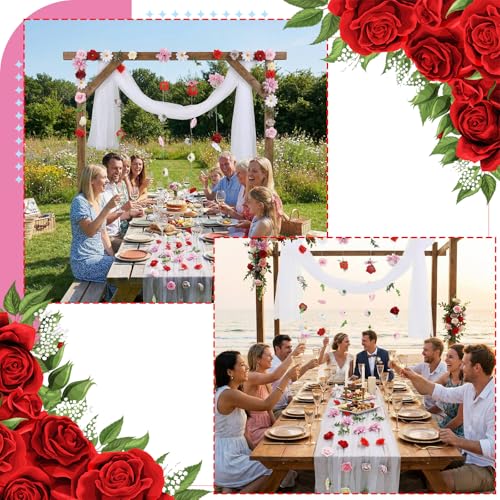 6 Pcs 35.4 Inch Artificial Hot Pink Flower Garlands with 3 Pcs 10 Ft Wedding Tulle Table Runner Wildflower Vines Floral Table Runner Garlands for Wedding Bridal Shower Spring Tea Party - style: Blooming Flower