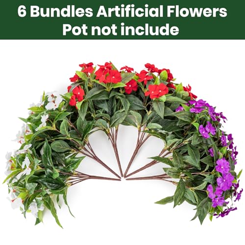 Nigirior Artificial Fake Flowers for Outdoor Décor 6 Bundles UV Resistant Fake Plants for Planter Faux Impatiens for Home Porch/Garden Stunning（Red/White/Purple） - color: Red/White/Purple