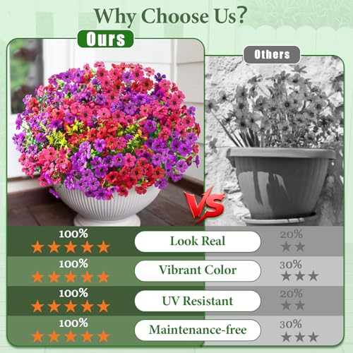 Artificial Flowers for Outdoors, 34 Bundles UV Resistant Fake Outdoor Flowers, Realistic Faux Outdoor Flowers for Decoration, Outside Fake Plants for Porch Garden Decor, Mixed Rose Red Purple - color: Mixed Purple, size: 34 Pack
