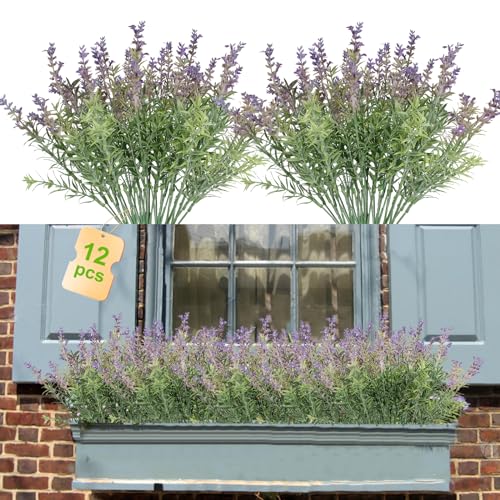 Coreland Fake Lavender Artificial Flowers - 12PCS Lavender Plants Shrubs for Wedding Bouquets Artificial Lavender Flowers Indoor Outdoor Faux Foliage Lifelike Fake Flowers for Decoration - color: Purple-12pcs